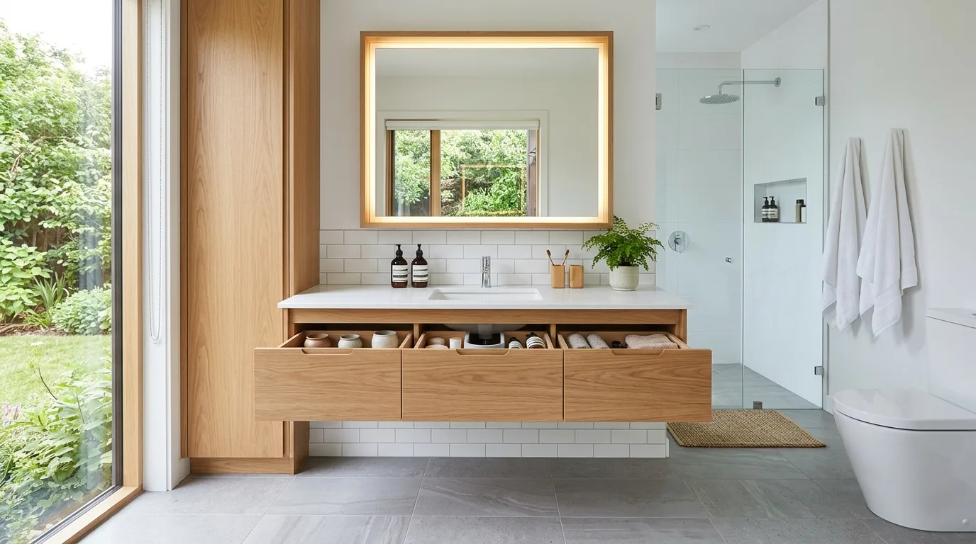 Organized bathroom with tidy storage, clear counters, and smart containers.